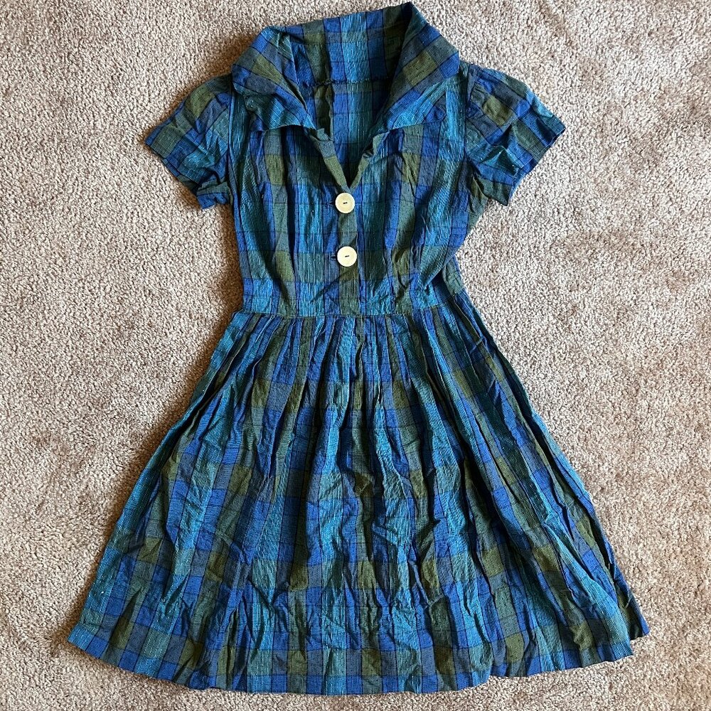 Handmade Vintage Gingham Summer Dress Green & Blue